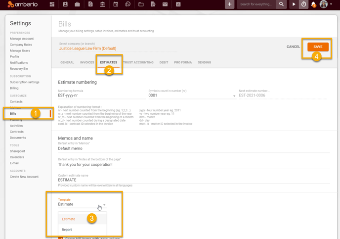 How to set default Estimate Template1