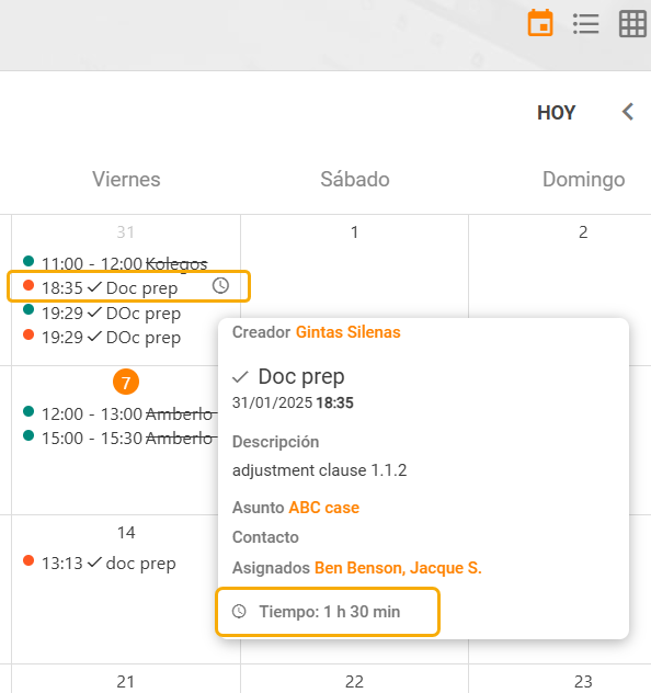 Puedo ver la información del tiempo registrado en las tareas del calendario de Amberlo_1