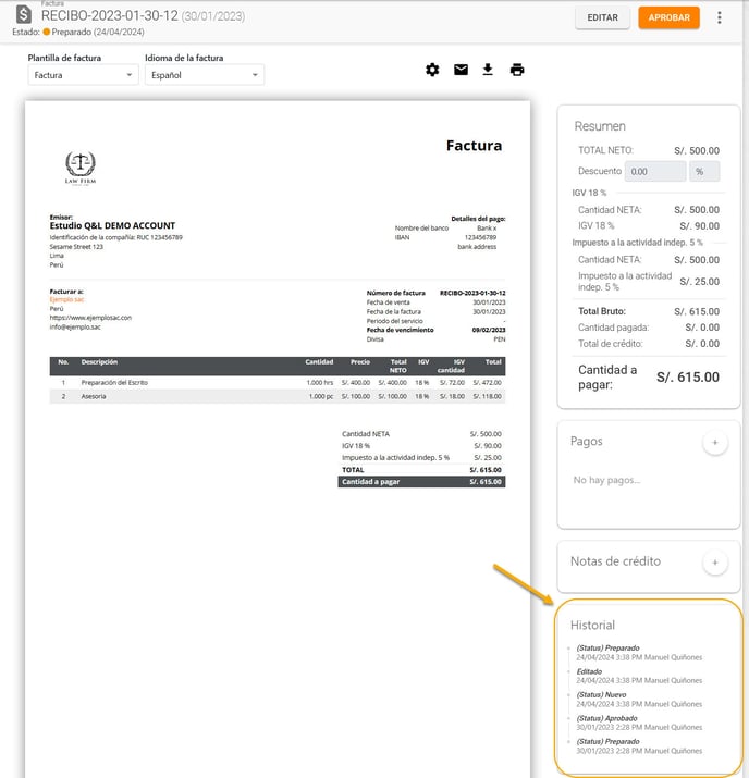 Puedo ver un Historial de los Cambios realizados en una Factura_1
