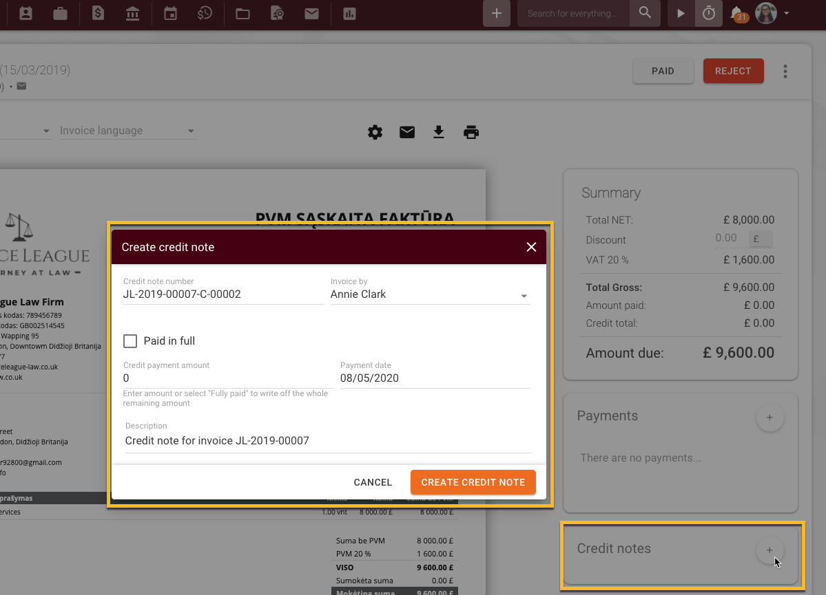 Create credit note