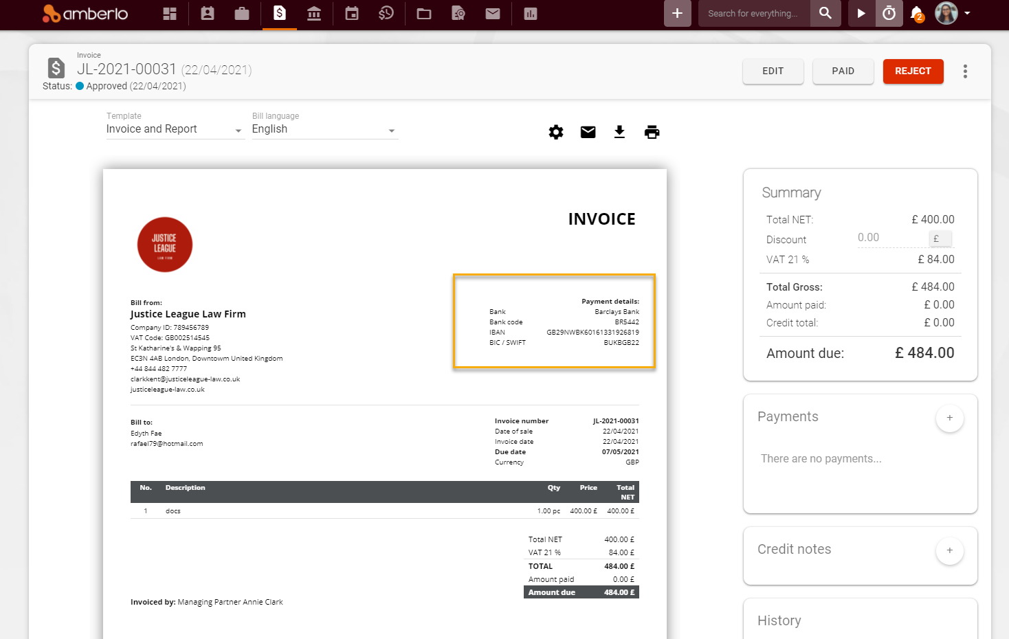 Invoice details